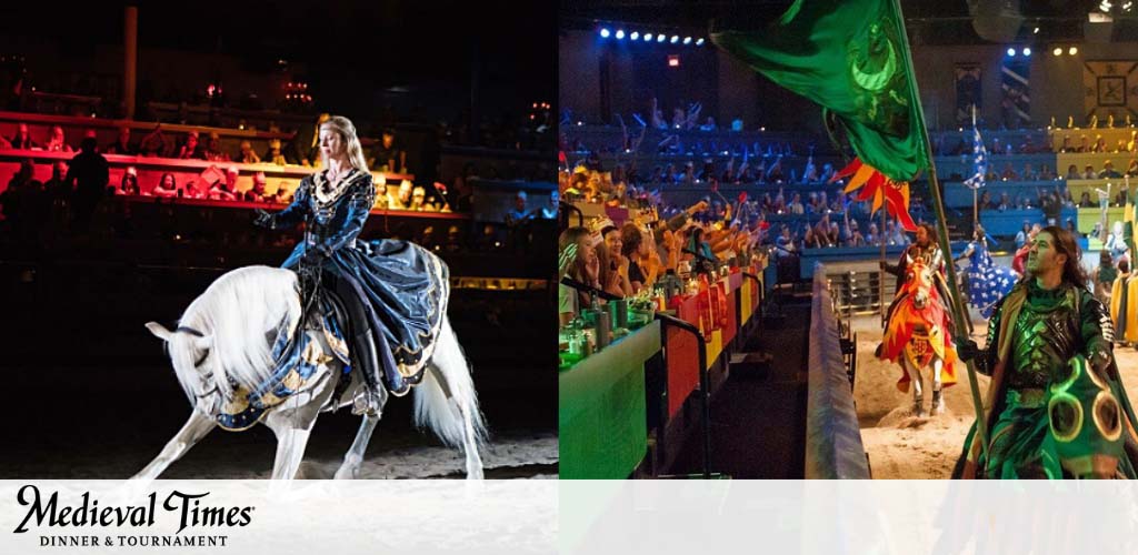 Image featuring two scenes from Medieval Times Dinner & Tournament. On the left, a performer in a royal blue medieval dress rides a white horse in an arena. On the right, knights in vibrant costumes parade before an audience, with flags and colored lights creating a festive atmosphere.