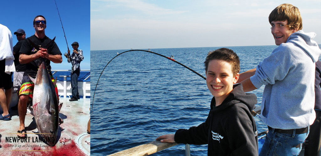This image presents two scenes of deep sea fishing adventure. On the left, a person is shown on a boat, proudly holding up a large fish, which appears to be a tuna, with the assistance of a fishing rod. The individual is wearing sunglasses, a black t-shirt, and colorful shorts, standing on a deck with red stains – possibly from the catch – and the word "NEWPORT LANDING" can be seen at the bottom of the image. Other people are in the background, including someone fishing. On the right, two young individuals are on a boat with the ocean in the background. The one on the left, wearing a black hoodie, is smiling at the camera, holding a fishing rod that is bending towards the water, indicating a catch. The one on the right, wearing a light blue hoodie and jeans, is looking towards the left with a playful smile. Explore Newport Landing with GreatWorkPerks.com and reel in fantastic savings with the lowest prices on tickets for your next sea fishing adventure.