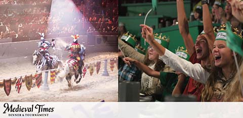 This image is a split-frame photo representing two scenes from the Medieval Times Dinner & Tournament experience. On the left side of the frame, there is an action-packed depiction of knights in armor riding horses. These knights, adorned in colorful costumes, are competing in a jousting tournament in an arena filled with an enthusiastic audience watching from the sidelines under dramatic, warm lighting. Sparks fly as lance tips strike targets, adding to the dynamic atmosphere. On the right side, the photo captures the excitement of onlookers, with three young attendees in the front row cheering joyfully. They are waving green and white banners, with one wearing a crown, fully immersed in the event and evidently having a great time. 

The entire scene conveys a festive and thrilling environment typical of the Medieval Times spectacle, where guests are transported back to the days of chivalric contests and royal banquets. When planning your adventure to Medieval Times with GreatWorkPerks.com, you'll find unbeatable savings and the lowest prices on tickets, ensuring your experience is both memorable and affordable.