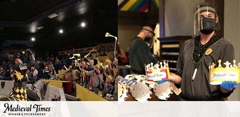 Two images: Left shows a crowded Medieval Times arena; right displays an employee with face shield and crowns.