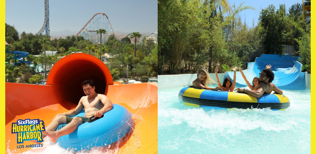 This image consists of two side-by-side photographs captured at Six Flags Hurricane Harbor in Los Angeles. On the left, an individual is seen sliding out of a large, bright orange water slide tunnel on a blue single-person raft, with a background of lush trees and roller coasters characteristic of a theme park on a sunny day. The person appears to be enjoying the exhilarating moment, highlighted by splashes of water around. On the right, three individuals are riding a blue-striped, yellow base multi-person raft in a wave of water along a curving water slide with flora in the surrounding background signaling an outdoor setting. They are expressing joy and excitement, with arms raised and wide smiles. For an adventurous day out with thrilling water attractions, look no further. At GreatWorkPerks.com, we offer the lowest prices and amazing savings on tickets so you can make a splash without breaking the bank.