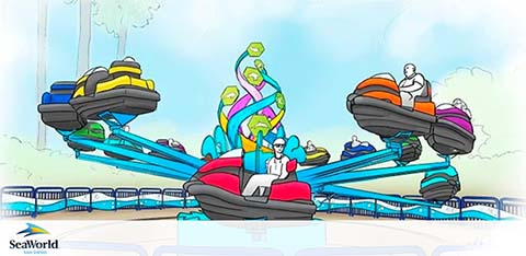 Cartoon of people enjoying a bumper car ride at SeaWorld.