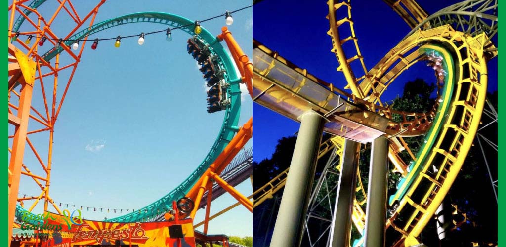 Image split in two showing vibrant scenes from an amusement park. On the left: Daylight captures a roller coaster with an orange track and green support structure mid-loop with riders inverted at the top, against a clear blue sky. On the right: The same roller coaster is illuminated at night with yellow track lighting, highlighting an intricate tangle of loops and curves surrounded by trees.