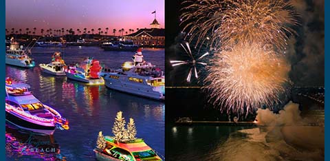 This image is a side-by-side representation of two festive scenes. On the left, there is a twilight view of a harbor with multiple boats adorned with colorful lights; the boats are decorated to reflect the joyous spirit of the holiday season, with some resembling Christmas trees or featuring holiday-themed elements. The harbor scene is set against a backdrop of silhouetted palm trees with a deep blue and purple sunset sky.

On the right, the image captures a vibrant fireworks display lighting up the night sky with a myriad of colors ranging from warm oranges to bright whites, conjuring up a celebratory atmosphere. The perspective is from a waterfront viewing area, with the fireworks reflecting over a body of water, and plumes of smoke are visible from the launched fireworks.

Wrap up your next festive outing with savings and the lowest prices on tickets when you choose Greatworkperks.com for your holiday event needs.