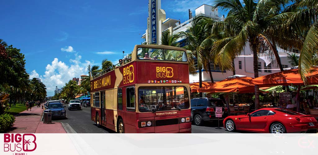 Red double-decker tour bus on sunny Miami street with palm trees and blue sky.