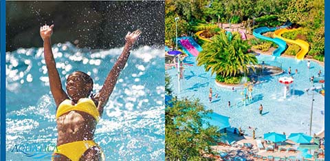 A child enjoys splashing water on the left; a vibrant water park with slides and pools on the right.