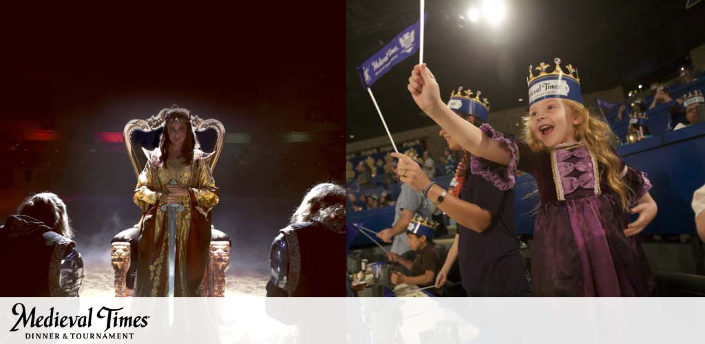 Split image for Medieval Times. On the left, a queen in golden regalia sits enthroned amidst hazy light, flanked by knights. On the right, a delighted child in a crown waves a flag, surrounded by cheering spectators. The Medieval Times logo is present below.