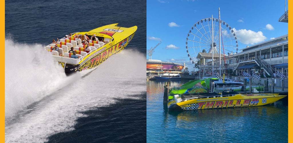 Speedboat in action on water and docked near Ferris wheel.