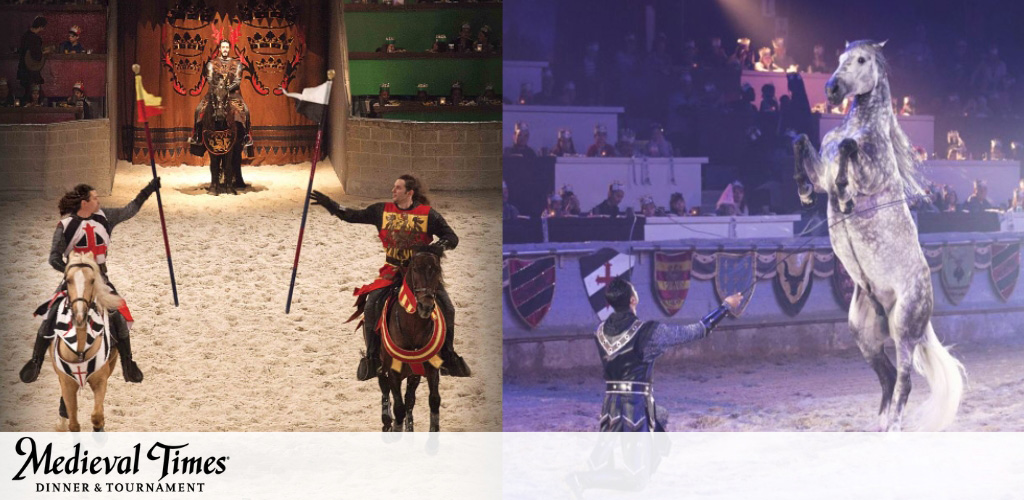 Image shows two scenes from Medieval Times. On the left, two knights on horseback, holding lances, face each other under a banner. Audience sits in the background. On the right, a knight gestures to a rearing white horse. Spectators with colorful banners observe from a dimly lit arena.