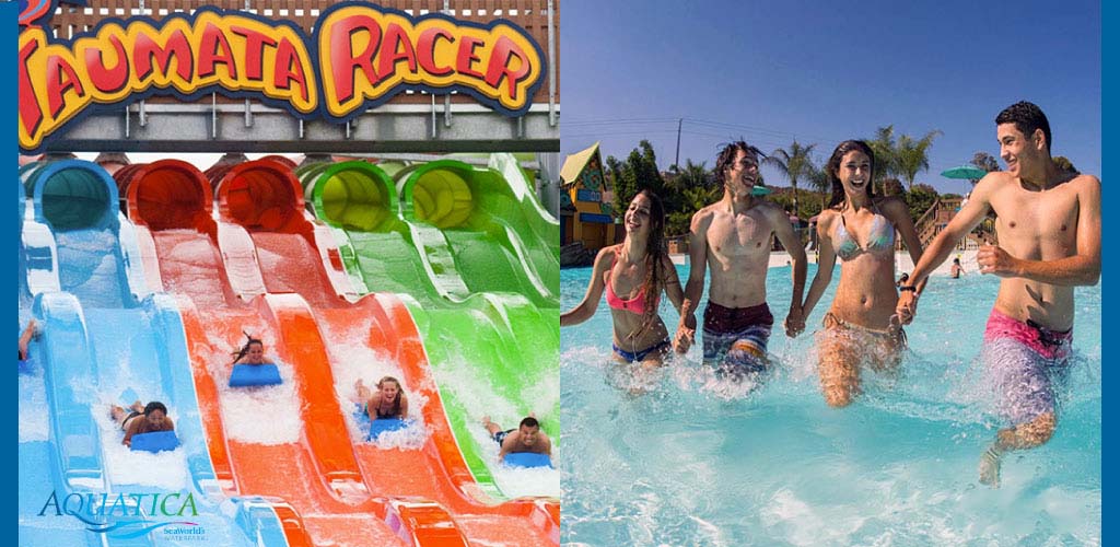 Image split in two parts showing water park fun. On the left, multiple colorful water slides named Taumata Racer with people sliding down in sunny weather. On the right, a group of four friends, two men and two women, laugh joyfully as they run through shallow water under clear blue skies.