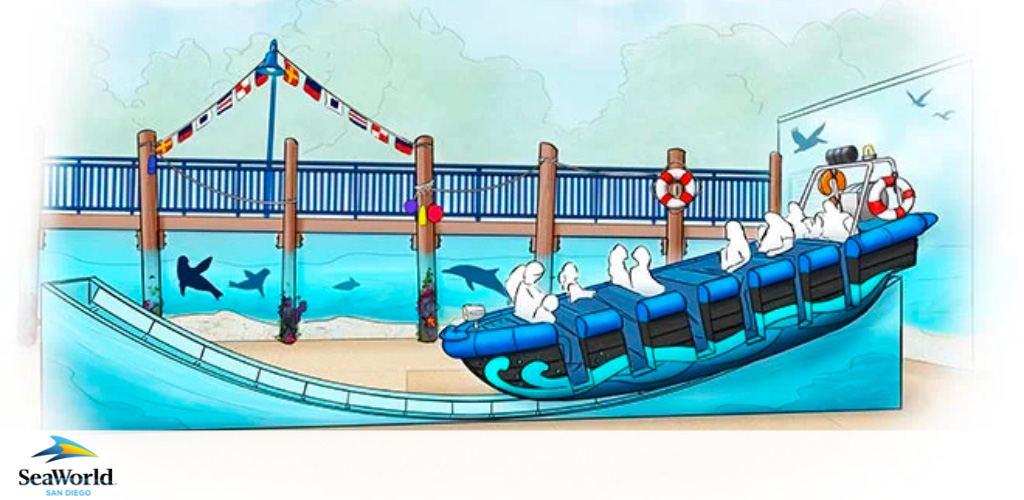 Illustration of a ride at SeaWorld with passengers on a water coaster.