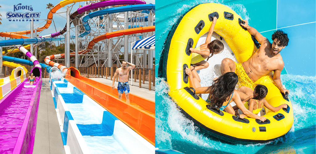 This image is a vibrant, split-screen photo representing two separate scenes at Knott's Soak City Waterpark. On the left, several brightly colored water slides, including shades of orange, teal, purple, and yellow, weave their way through the scene. A man with his arms up in excitement is just exiting a purple slide into a splashdown pool, while others wait in partially enclosed slide tubes for their turn. The right side features an action-packed snapshot of four individuals on a large circular yellow raft, seemingly mid-descent on a curved water slide with a bright blue watery background. Droplets of water are suspended in the air around them, capturing the movement and excitement of the ride. The individuals, three of whom appear to be holding onto the raft handles, are in various stages of joyful reaction as they splash down. 

At GreatWorkPerks.com, we are committed to providing you with the highest level of enjoyment at the lowest prices guaranteed. Don't miss out on our exclusive discounts and savings on tickets to your favorite waterpark adventures!