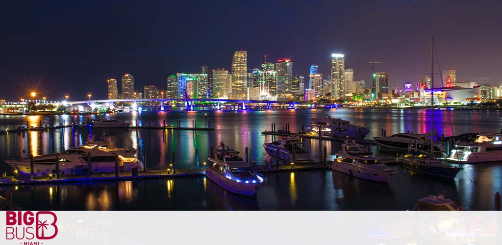 Miami skyline at night with illuminated buildings and moored boats.