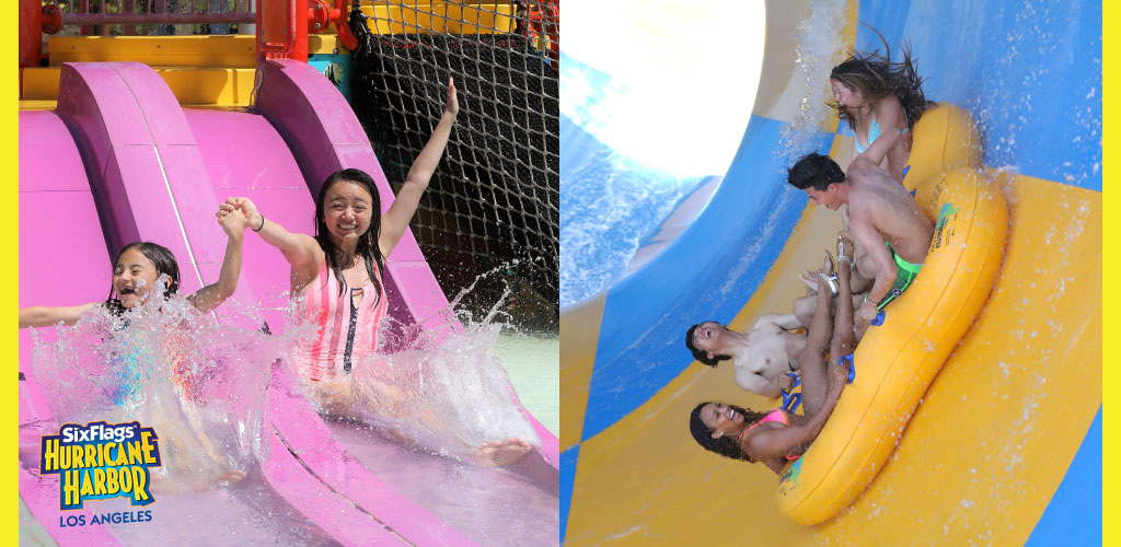 This is a split-image. On the left, two joyful children are sliding down a bright pink water slide, splashing water around as they hold hands and showcase big smiles, demonstrating the fun atmosphere at Six Flags Hurricane Harbor in Los Angeles. On the right side, four people are sharing a yellow circular raft, descending a water slide with a blue surface, surrounded by splashes of water, capturing the excitement and group enjoyment of the park's attractions.

At GreatWorkPerks.com, we're committed to bringing you exhilarating experiences at the lowest prices, ensuring that your adventure is paired with amazing savings on tickets.