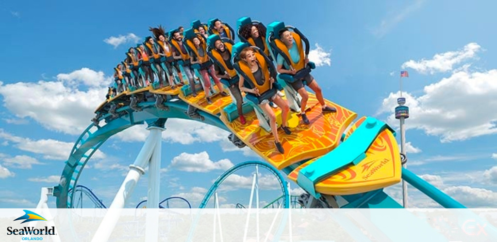 Roller coaster with excited riders ascending a track, logo of SeaWorld Orlando visible.