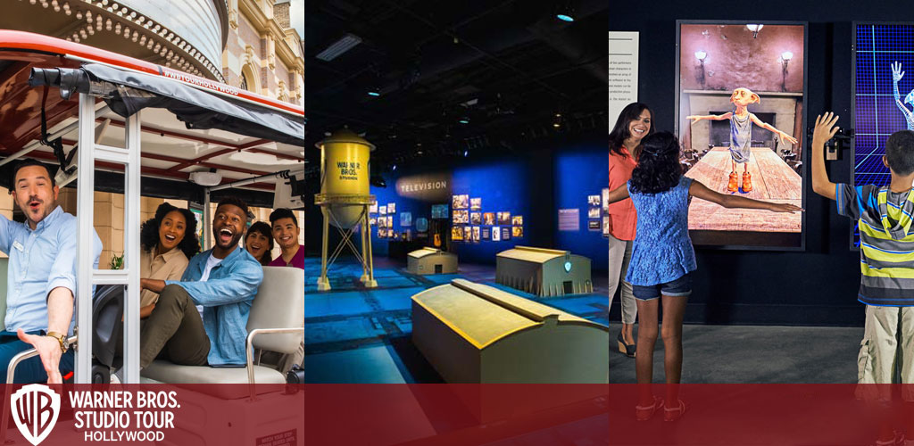 Collage of Warner Bros. Studio Tour Hollywood experiences: Left, four people gleefully ride a tram. Middle, a display of television production with props. Right, visitors interact with a movie exhibit featuring an animated character. Studio logo and name displayed below.