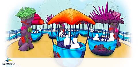 Illustration of a SeaWorld-themed ride with colorful, sea-inspired teacups.