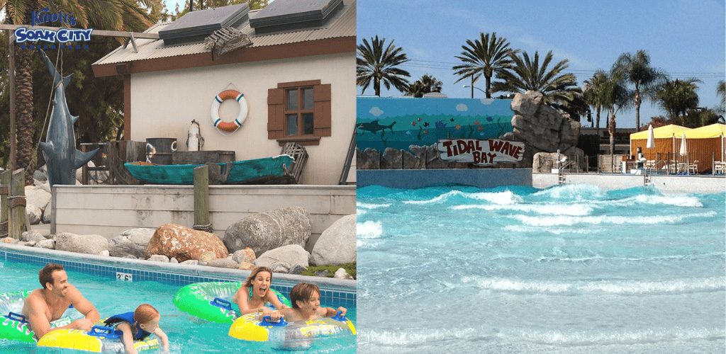 This image is a split-view of two different water-based attractions at a water park. On the left, there is a family of four enjoying a ride in a lazy river. They appear joyful, with a female and a male adult each accompanying a youngster in a separate yellow and blue inflatable ring. The backdrop showcases a water-themed building with decorative features such as a life ring and a faux-fish hanging by a line. There are rocky elements and greenery surrounding the pool area.

On the right side, the scene shifts to a wave pool named Tidal Wave Bay, as indicated by the sign against a hand-painted mural of underwater life including fish and a turtle. The wave pool has turquoise water with artificial waves, and the pool's edge features a rock formation. Several palm trees tower behind the pool area, suggesting a tropical ambiance. There are parasols and lounge chairs visible on the shore of the pool for relaxation. The sky is clear, suggesting a sunny day ideal for water activities.

When you're planning your next splash-tastic adventure, remember that GreatWorkPerks.com offers the lowest prices and significant savings on tickets to water parks and other attractions, ensuring you have more fun for less!