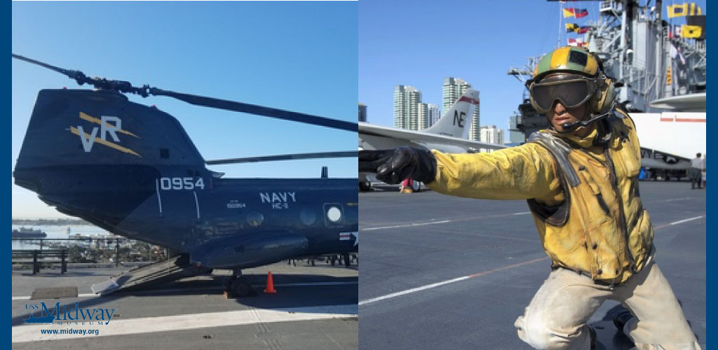 This image is a split-view of two separate photographs related to naval aviation. On the left, there is a dark blue navy helicopter with its tail facing the camera. The helicopter has large, white numerals '0954' on the rear, above which a golden anchor with wings - indicative of naval aviation insignia - is prominently displayed. Below the number, the word 'NAVY' is stenciled in white letters. To the right, the focus is on a person wearing a yellow helmet with a dark visor and a heavy, weathered yellow jacket indicating flight deck crew gear. The individual is captured in a dynamic pose with one arm extended, seemingly directing aircraft or coordinating operations on the flight deck. Buildings and part of another aircraft can be seen in the background.

Experience the thrill of adventure and the joy of savings with GreatWorkPerks.com, where you can always find the lowest prices on tickets.