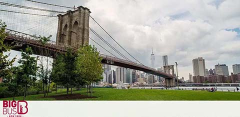 Image of the Brooklyn Bridge spanning over a river with a clear view from a park. Skyscrapers, including a tall glass building, are visible in the distance against a partly cloudy sky. The foreground shows a green lawn and the logo of Big Bus Tours is at the bottom left corner.