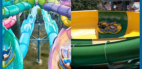 Colorful water slides at a park; one image shows the slides’ top, the other a person sliding down.