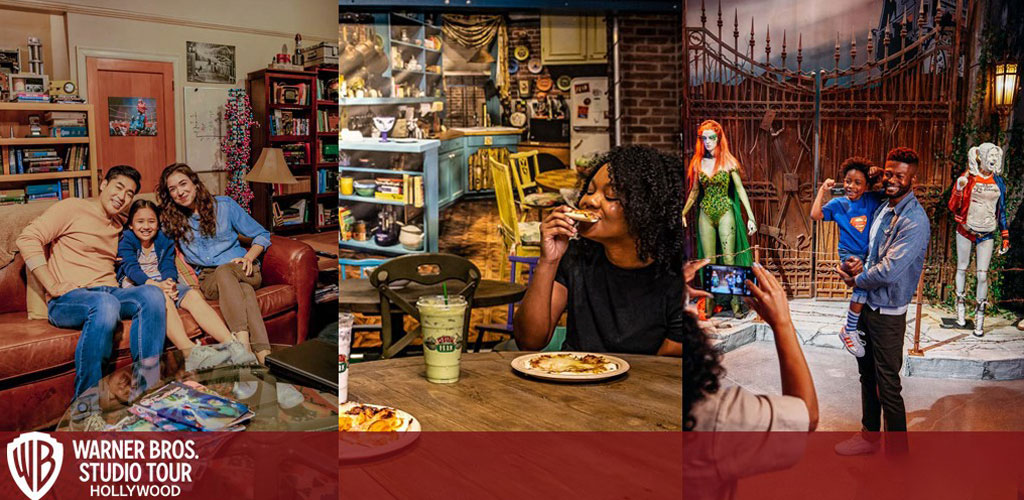 Three-panel image promoting Warner Bros. Studio Tour Hollywood. Left panel shows a family smiling on a cozy set couch. Middle panel displays a themed cafe with memorabilia. Right panel features a happy family posing with a costumed character and movie props.