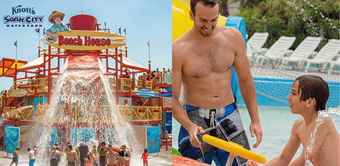 This image is a split scene featuring two joyful moments at a waterpark. On the left, a colorful multi-level water play structure, named 'Beach House,' is the center of action with multiple blue water slides and a giant red bucket at the top that tips to drench visitors below in a big splash of water. The structure is filled with excited guests awaiting the splash or climbing the stairs for their next slide. The background has palm trees and clear blue skies enhancing the tropical feel of the scene.

On the right, an intimate and playful interaction occurs between a shirtless man and a young boy, both with wet skin glistening in the sunlight, giving a sense of a warm day. The man is bending slightly, smiling towards the boy who is holding a yellow water gun, looking back at the man with a mixture of anticipation and delight. In the background, the calm blue waters of the swimming pool gently ripple, and other waterpark visitors can be seen enjoying their day.

Embrace the thrill of summer with every splash! At GreatWorkPerks.com, we're committed to helping you make the most of the sunny season with impressive savings on tickets to the best waterparks, where fun and the lowest prices come together for your unforgettable water adventures.