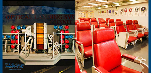 This image depicts a split-view of two different scenes. On the left, we see a display titled "OPTICAL LANDING SYSTEM FRESNEL" at a museum or exhibit, likely aboard the USS Midway based on the watermark. It features a large lens with multiple concentric rings of various colors, predominantly red and blue, surrounded by a metallic structure with staircases on the sides. Educational signage can be seen in the background above the display.

On the right side of the image is a row of red, padded theater-style seats facing forward, suggesting a viewing or briefing area. The seats are situated in rows on a carpeted floor with a walkway down the center. This could be an area for presentations or for spectators to watch informative films, possibly related to the museum or exhibit indicated on the left.

Experience the history and education imbued within these exhibit features while enjoying the lowest prices on tickets when you book through GreatWorkPerks.com, your go-to site for discount savings on experiences.