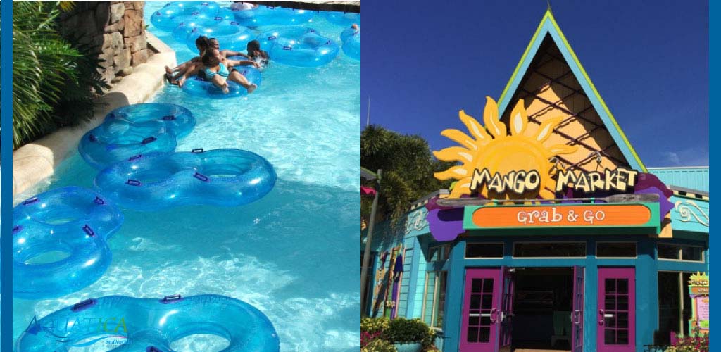 Lazy river with blue tubes; colorful market storefront.