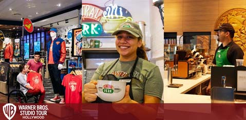 Image featuring three panels from the Warner Bros. Studio Tour. Left: customers browse a gift shop with red accents and studio merchandise. Middle: a smiling staff member in a green cap holds up a large white mug with the studio logo. Right: another employee works behind a café counter with pastry displays. The Warner Bros. logo is prominent below.