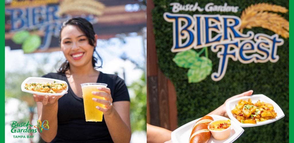 Woman holding beer and food at Busch Gardens Bier Fest.