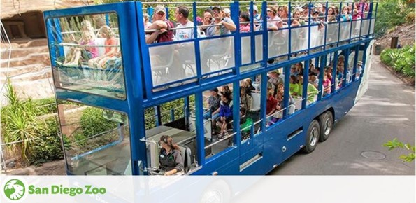 A blue double-decker bus filled with passengers tours through the San Diego Zoo. Visitors on the open-air upper deck enjoy unobstructed views while seated. The bus is driving on a paved road surrounded by lush greenery. The zoo's logo is visible on the top right corner, indicating the setting.