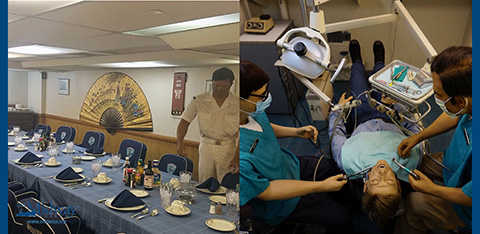 This image is a split scene photograph. On the left side, the image displays a banquet room with a long table set for a meal; there are place settings for multiple people including folded napkins, plates, and an assortment of beverages. A decorative fan adorns the wall above the table. A server in white attire stands to the side of the table, appearing to be in the process of setting up or serving.

On the right side, the scene transitions to a dentist's office where a dental procedure is taking place. A patient reclines in a dental chair, attended by two dental professionals wearing turquoise scrubs. They seem to be examining or working on the patient's mouth. A large overhead light is positioned to illuminate the area they are focusing on.

Navigating the diverse offerings from entertainment to health services can be overwhelming, but at GreatWorkPerks.com, our commitment is to provide you with the lowest prices and best discounts on tickets and bookings, ensuring substantial savings without compromising on the experience.