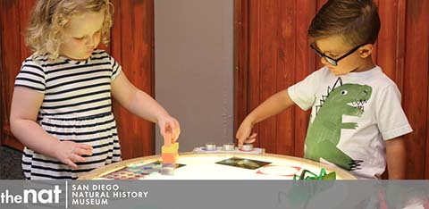 This image displays two young children engaged in an interactive exhibit at the San Diego Natural History Museum, commonly referred to as The Nat. On the left, a young girl with light hair, wearing a striped shirt, is seen reaching out to touch an exhibit component. To the right, a young boy with dark hair and eyeglasses, dressed in a T-shirt featuring a dinosaur graphic, is also interacting with the exhibit earnestly. Both children are focusing intently on the educational activity before them. The ambient lighting casts a warm glow on the scene, enhancing the inviting atmosphere of the museum. A banner at the bottom of the image promotes the location: San Diego Natural History Museum, further branded with "The Nat" logo.

At GreatWorkPerks.com, our commitment is to provide you with the lowest prices available, ensuring that your visit to The Nat and other exciting destinations is enriched with both educational value and great savings on tickets.