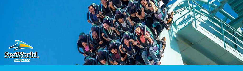 Thrilled riders on a roller coaster at SeaWorld San Diego.