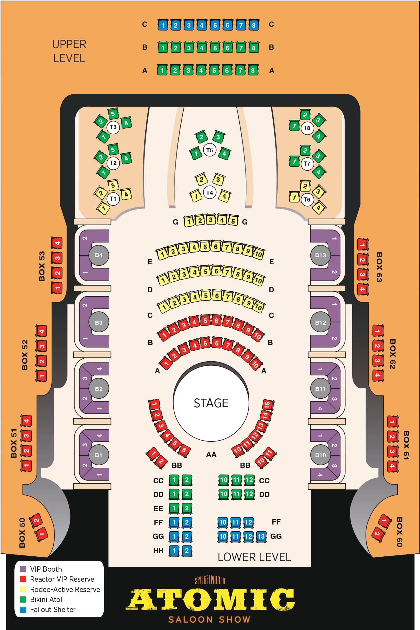 This image displays a colorful seating chart for the Atomic Saloon Show. The stage is in the center, surrounded by seats labeled A-HH in various colors indicating different sections. There are labelled boxes on both sides of the theater and a key at the bottom identifies VIP Booths, Reactor VIP Reserve, Rodeo-Active Reserve, Bikini Atoll, and Fallout Shelter areas. Upper and lower levels are indicated.