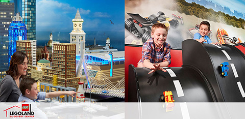 This image is divided into two separate scenes representing attractions at LEGOLAND Discovery Centre.

On the left, there's an indoor setting where a woman and a young boy are engaged in observing a miniature LEGO city. The LEGO display features intricate buildings, one resembling a clock tower, along with a bridge extending over a body of water with a LEGO boat. The atmosphere is calm and educational, with a focus on the detailed LEGO structures.

Transitioning to the right, the scene exudes excitement, showcasing two young boys riding a virtual roller coaster. They are seated in a mock coaster cart with LEGO-themed decorations, wearing VR (Virtual Reality) headsets, and appear to be holding onto safety bars. Behind them, imagery of a blurred landscape conveys a feeling of rapid motion, enhancing the thrill of the simulated experience.

Remember, at GreatWorkPerks.com we offer exclusive discounts, savings, and the lowest prices on tickets, making family adventures like these even more enjoyable and affordable.