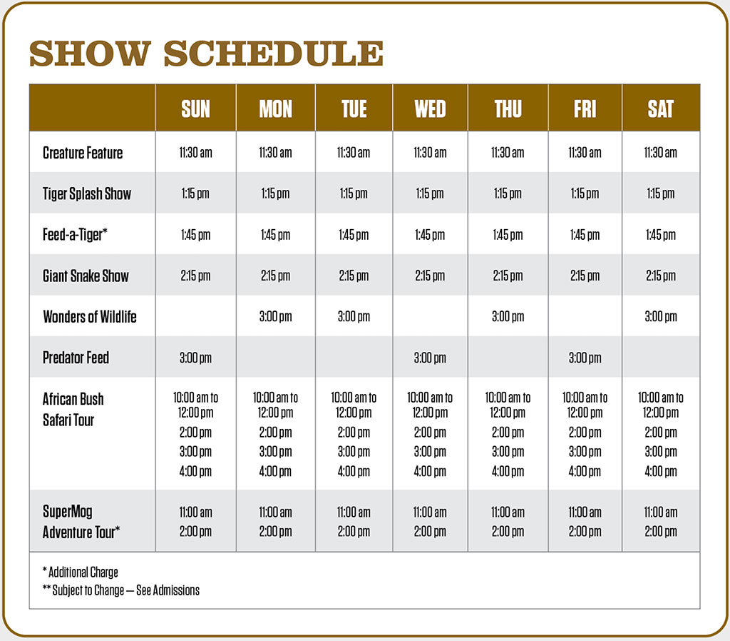 Wildlife Park’s Show Schedule - Out of Africa Wildlife Park
