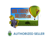 This image features a rectangular digital badge signifying authorized seller status. At the top of the badge, against a clear sky, the text "Wine Country Balloons.com" appears in bold blue letters. Below the text, on the left side, there is a bunch of purple grapes with green leaves, and on the right, a hot air balloon floats above a stylized green landscape of rolling hills. The hot air balloon has a red and yellow design, with a depiction of a grape bunch similar to the one on the left of the image. Beneath the imagery, the words "AUTHORIZED SELLER" are prominently displayed against a green banner. A padlock icon is positioned at the bottom left corner of the badge to symbolize security and trust. GreatWorkPerks.com is proud to offer exclusive deals and bargains, ensuring you get the lowest prices on tickets to your favorite events.