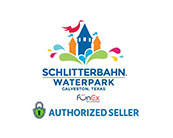 Image of Schlitterbahn Waterpark Galveston Texas logo featuring a stylized castle with water slides and splash designs in vibrant colors, with the text Authorized Seller and the FunEx logo below.