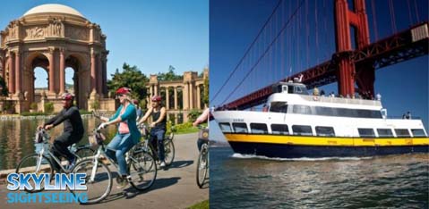 Image description: This image is divided into two scenes side by side under the banner "Skyline Sightseeing." On the left, a group of cyclists in casual attire enjoying a leisurely bike ride in front of an elegant structure reminiscent of a classical Roman rotunda, with lush greenery under clear blue skies. The atmosphere looks warm and serene, inviting visitors to explore the scenic location. On the right, a large white and blue ferry boat is seen cruising on a body of water with the iconic Golden Gate Bridge in the background, its red suspension cables and towers standing prominent against the blue sky. The waters are calm and the scene suggests a peaceful boat ride with scenic views of the bridge and surrounding landscape. Explore our website, GreatWorkPerks.com, to find exclusive discount offers and the lowest prices on tickets for memorable experiences like these.