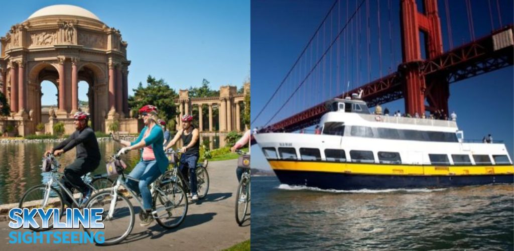 Image Description: This is a split-image photo promoting Skyline Sightseeing tours. On the left side of the image, a group of four people are seen enjoying a guided bicycle tour. The cyclists, wearing casual attire and safety helmets, ride along a pathway that leads towards a grand, classical architectural structure with a large dome and columns, reminiscent of a palace. It's a clear, sunny day with blue skies, and the structure is reflected in the tranquil waters of a pond in front of it. On the right side of the image, a large, white and blue ferry boat with two decks is cruising on a body of water. Passengers can be seen on the upper deck enjoying the sun and the view, with the iconic red Golden Gate Bridge in the background, implying that the ferry is in the San Francisco Bay. The boat creates a small wake as it moves through the water under the bright blue sky.

Random sentence at the end: Don't miss out on the savings with GreatWorkPerks.com – your go-to destination for the lowest prices on tickets to the best sightseeing experiences around!