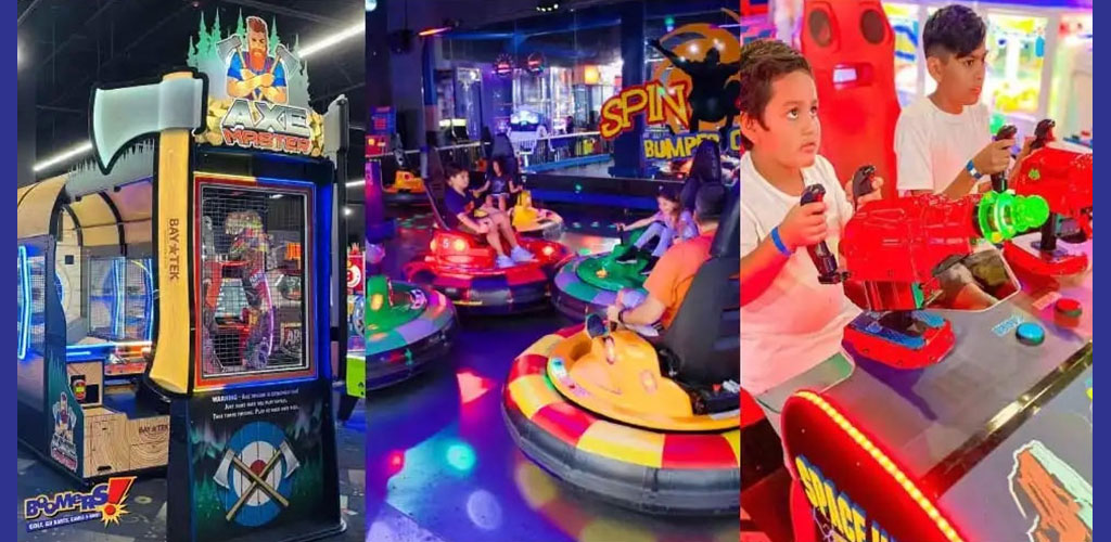 Arcade games and kids enjoying bumper cars and shooting game.