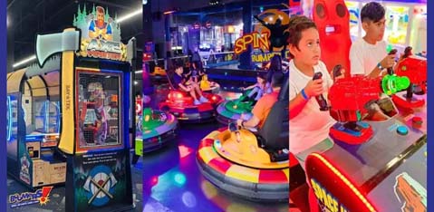 Three images showing arcade games and children playing in a colorful game room.