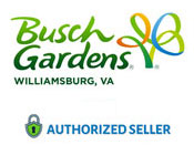 Logo of Busch Gardens Williamsburg, VA in green and blue with a leaf and roller coaster design, and a badge stating Authorized Seller.