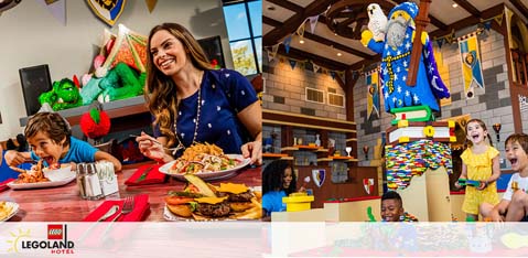 This image depicts a joyful scene at what appears to be a LEGOLAND Hotel dining area. On the left, a woman with long brown hair, wearing a blue blouse with a pattern, is smiling as she carries a tray with a burger, fries, and other items at the self-service counter. In front of her are children at a dining table; one is focused on eating, while the other has a look of delight as they interact with their food. On the right side of the image, there are two children with expressions of excitement, possibly reacting to something out of the frame. The background features LEGO decor including large LEGO parrots and multicolor brick patterns that contribute to the vibrant and playful atmosphere. Remember, when planning your next family adventure, visit GreatWorkPerks.com for the lowest prices on tickets and enjoy extra savings on your LEGOLAND experience.