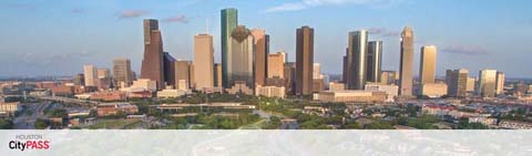 Aerial view of the Houston skyline under a clear sky with scattered clouds. The city's tall buildings stand out against the backdrop of the expansive sky, and the image includes the text 'Houston CityPASS' at the bottom.