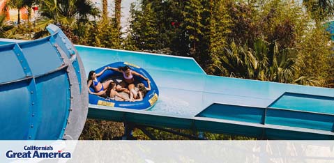 This image showcases an exhilarating moment as three individuals share a round raft while descending a vibrant blue water slide at California's Great America theme park. They appear to be in the midst of a joyful ride, surrounded by lush greenery that signifies the park's landscaped environment. The excitement of the riders is evident in their relaxed postures and the casual tilt of their legs over the edge of the floatation device, suggesting a warm and sunny day perfect for water-based fun.

For those looking to experience the thrills of California's Great America and other attractions, GreatWorkPerks.com proudly offers the best deals on tickets with outstanding discounts, ensuring the most savings and lowest prices for your adventures.