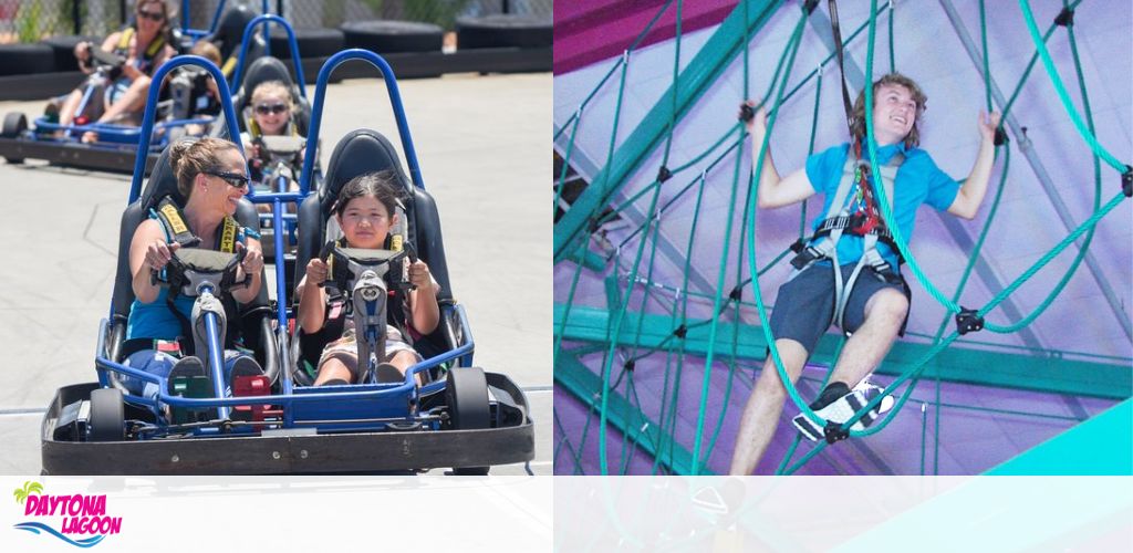 Two images: left is go-kart racing, right is a person on a climbing net.