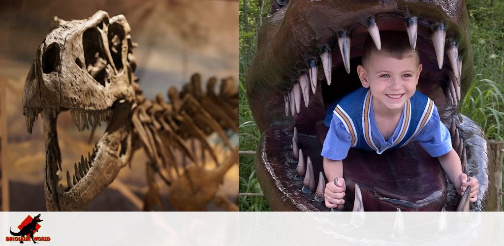 Image split into two sections. On the left, a dinosaur skeleton in a museum setting with prominent skull and teeth. The right side features a smiling young boy with short hair in a sailor-style shirt, popping out of a dinosaur's mouth play structure. The dinosaur's teeth are large and blunt, and the structure appears safe for children. The background is blurred greenery. A  Dinosaur World  logo is in the corner.